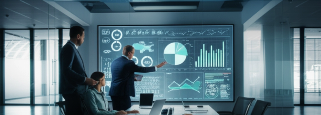 Professionisti d'affari caucasici collaborano attorno a un grande schermo che mostra dati complessi di e-commerce B2B in una sala riunioni moderna.