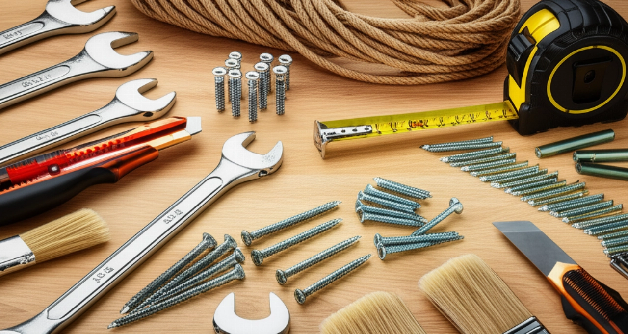 Una disposizione perfettamente organizzata di vari strumenti e materiali hardware per il fai-da-te, tra cui chiavi inglesi, viti, corda e pennelli, su un banco da lavoro in legno.