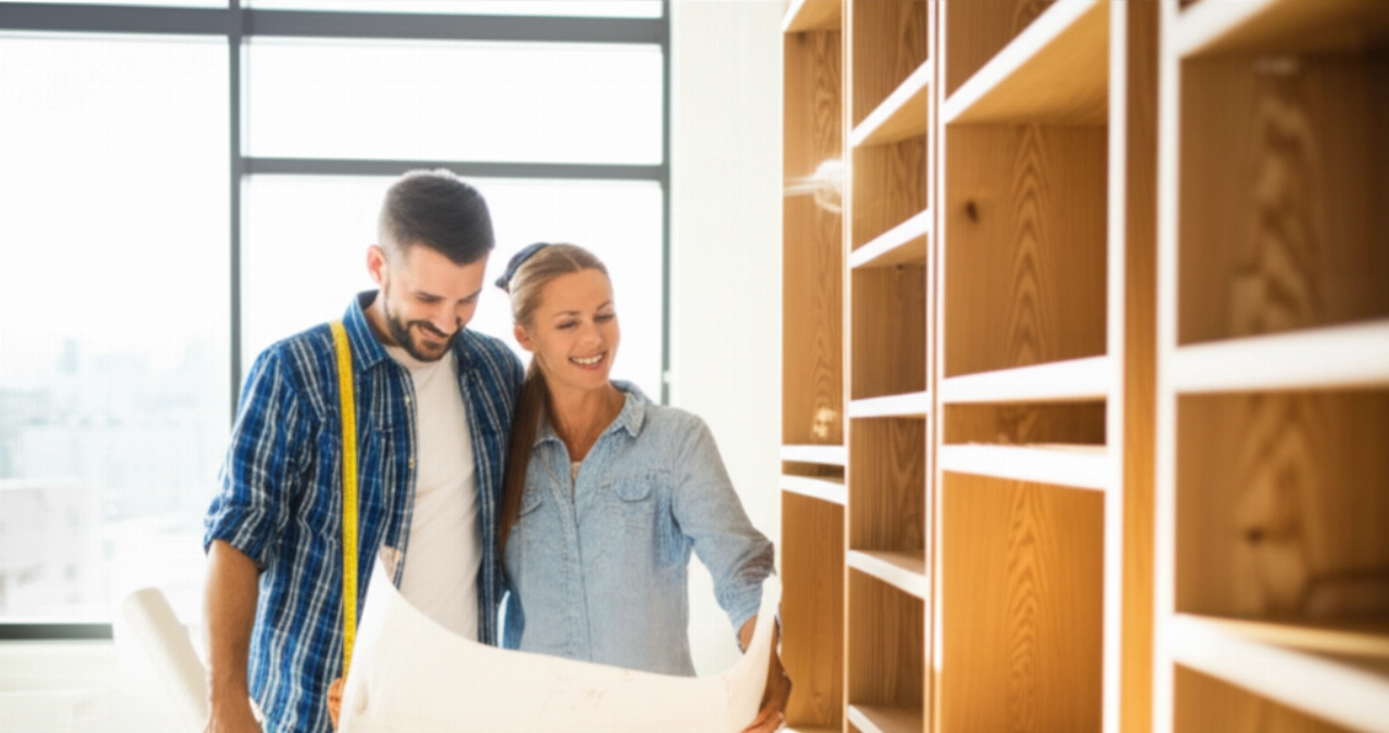 Una coppia caucasica sorridente ammira la loro libreria di legno appena costruita in un luminoso soggiorno, mostrando il loro successo nel fai-da-te.