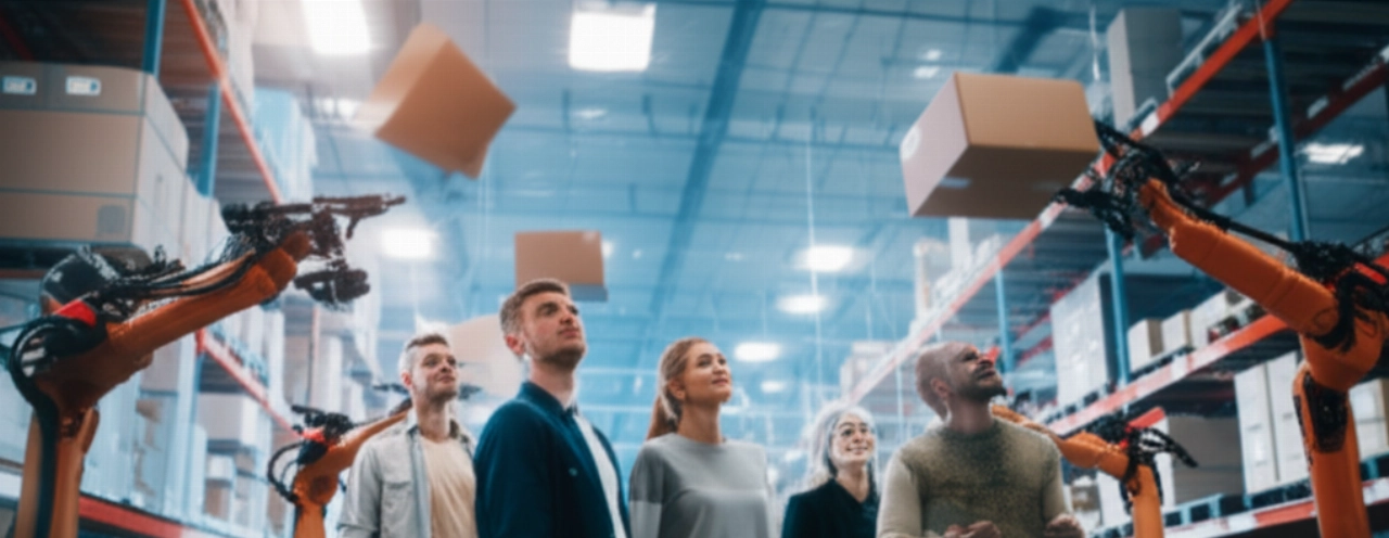 Un team caucasico fiducioso in un centro di evasione ordini moderno e automatizzato, che simboleggia operazioni di dropshipping di successo ed efficienti.