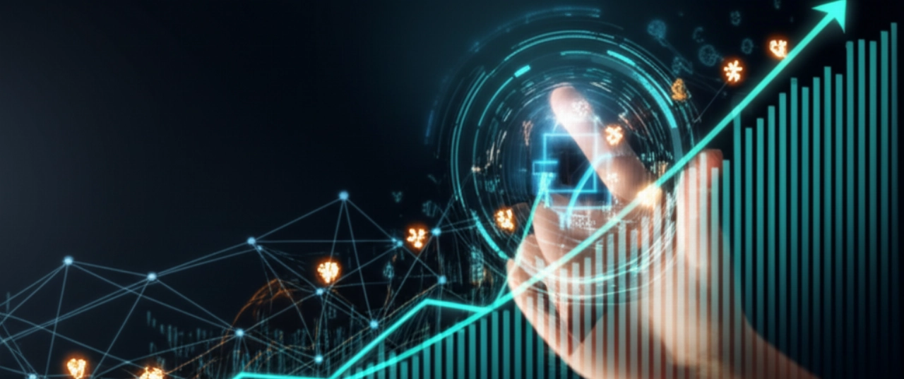 Hyperrealistische abstrakte digitale Kunst, die ein E-Commerce-Partnernetzwerk mit leuchtenden Verbindungen und Wachstumsdiagrammen darstellt und digitale Expansion und Möglichkeiten symbolisiert.
