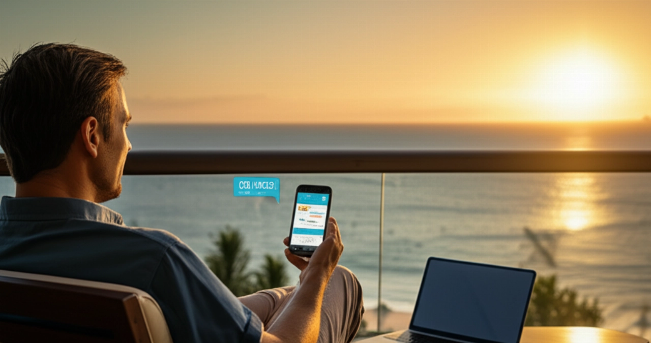 Hyperrealistisches Bild eines entspannten kaukasischen Mannes auf einem Balkon eines luxuriösen Strandresorts bei Sonnenuntergang, der diskret sein Telefon überprüft und die Freiheit und das passive Einkommen aus einem E-Commerce-Partnerprogramm symbolisi