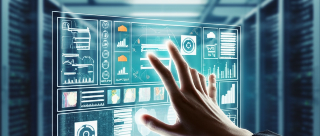 Una mano caucasica che interagisce con un'interfaccia olografica luminosa che mostra visualizzazioni di dati e-commerce in un ambiente ad alta tecnologia.