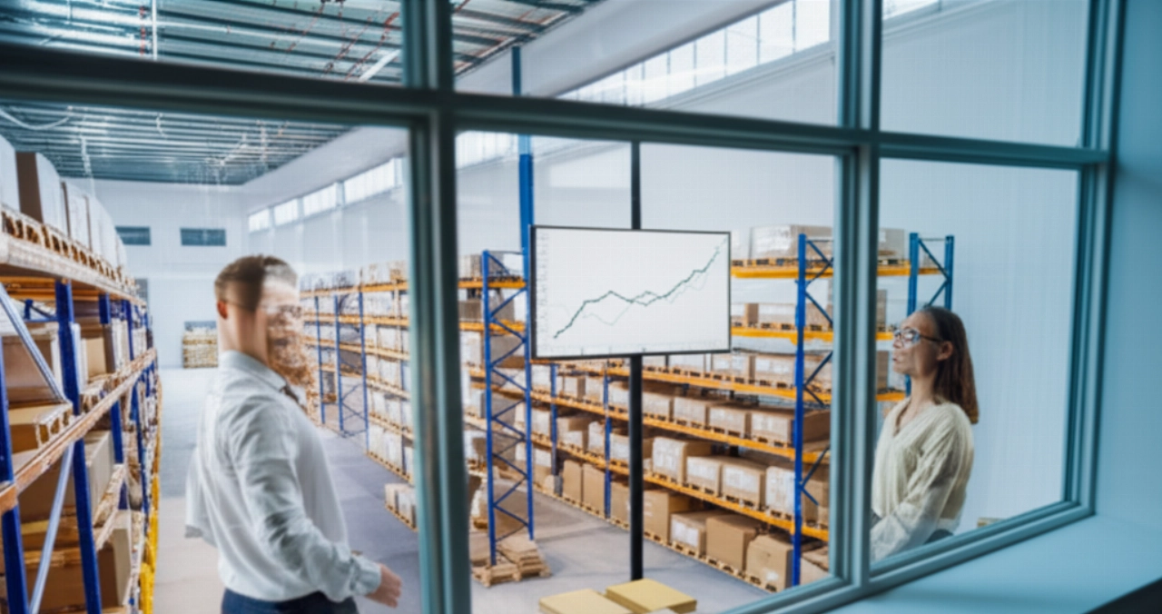 Due individui caucasici che si stringono la mano in un ufficio moderno, con un vivace centro di evasione ordini e-commerce visibile attraverso una grande finestra, a simboleggiare la crescita aziendale.