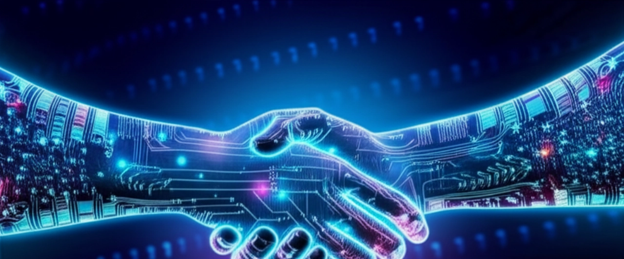Rappresentazione astratta di due mani digitali fatte di flussi di dati luminosi che si intrecciano in una stretta di mano sicura, a simboleggiare lo scambio sicuro di dati e l'integrazione API.
