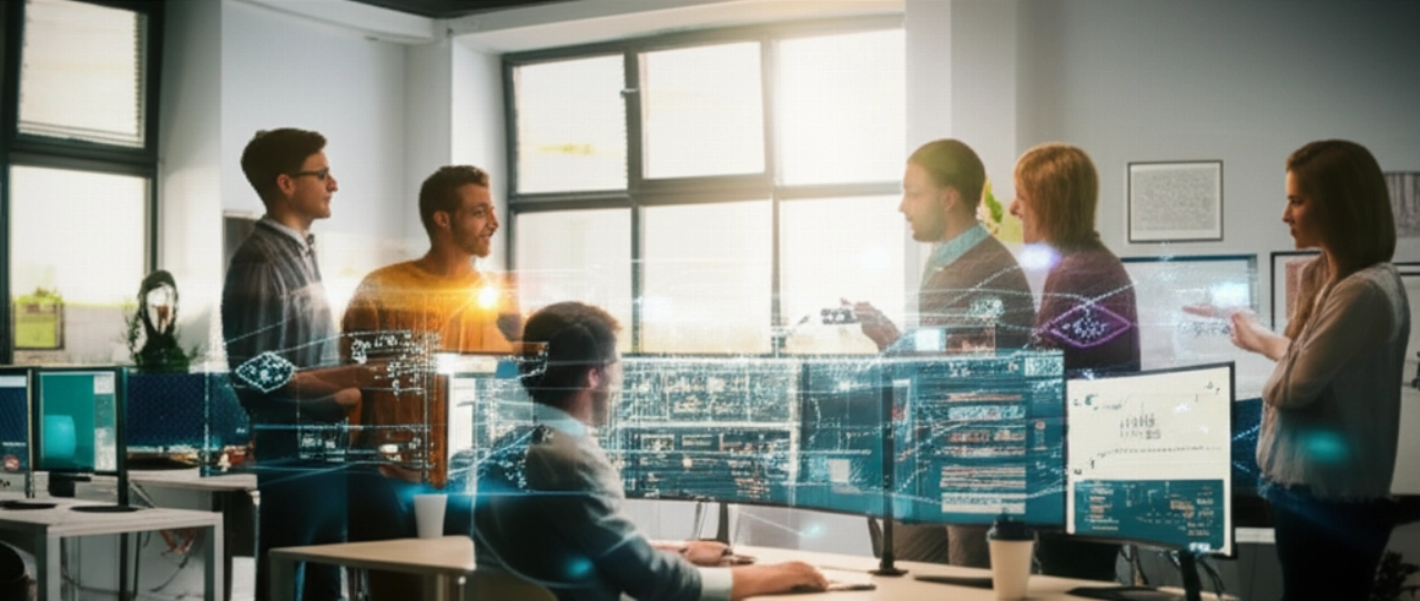 Un gruppo eterogeneo di sviluppatori software caucasici collabora su grandi schermi che mostrano codice e diagrammi di flusso in un ufficio moderno, con sottili sovrapposizioni digitali che simbolezzano la connettività.