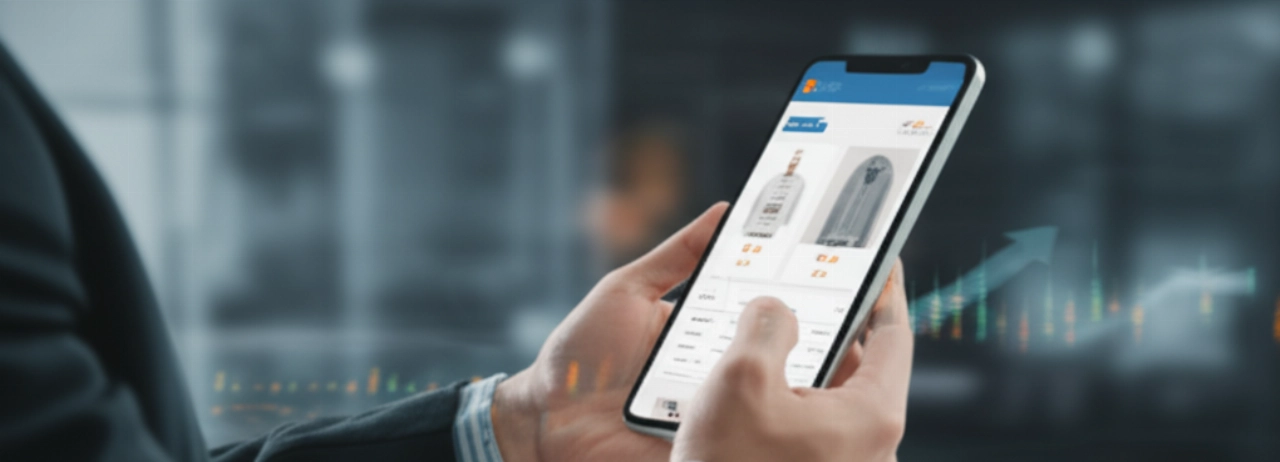 Immagine iperrealistica di una moderna app e-commerce su un tablet, tenuta da un professionista, con elementi di sfondo che simboleggiano la crescita finanziaria e il successo dell'investimento nello sviluppo dell'app.