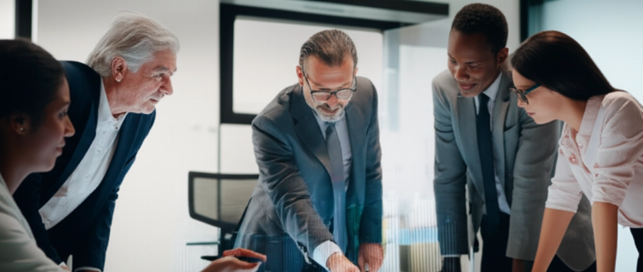 Immagine iperrealistica di professionisti caucasici che discutono i costi di sviluppo di un'app e-commerce e la pianificazione strategica attorno a un display digitale, simboleggiando decisioni di investimento informate.