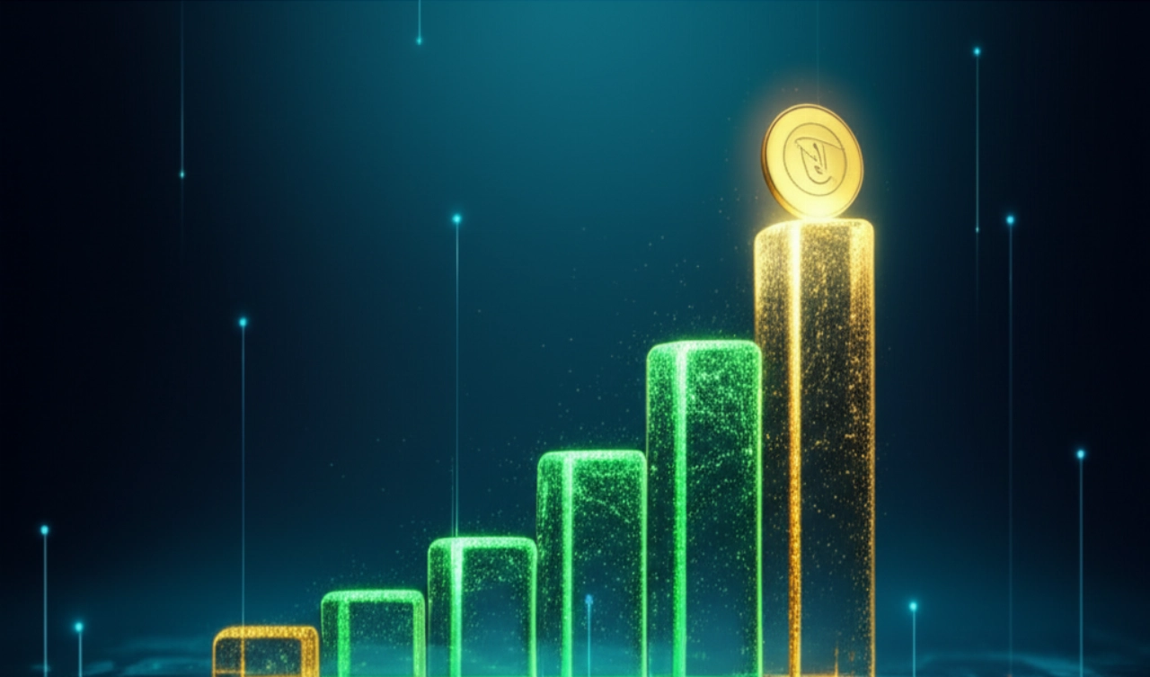 Un grafico a barre digitale luminoso con particelle di luce verdi e dorate che emergono da elementi astratti di e-commerce, simboleggiando la crescita finanziaria e l'efficienza del budget.