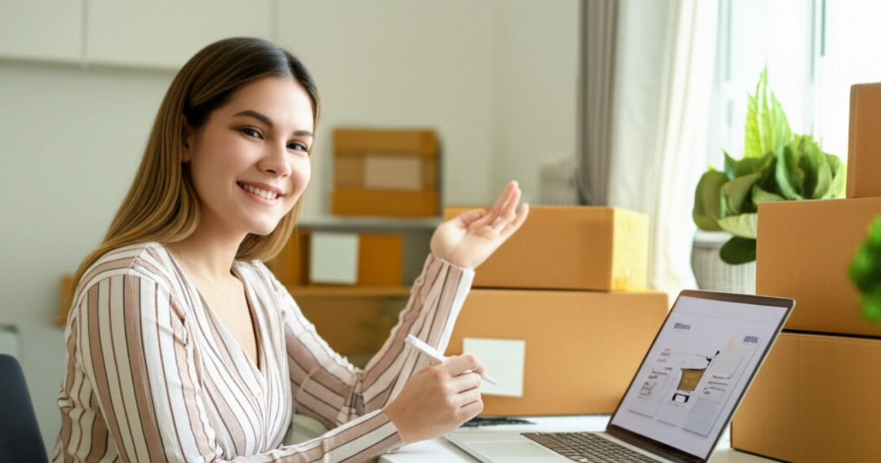 Una soddisfatta imprenditrice caucasica in un accogliente ufficio domestico, sorride mentre guarda una piattaforma di e-commerce sul suo laptop, simboleggiando il successo di un'attività online conveniente.