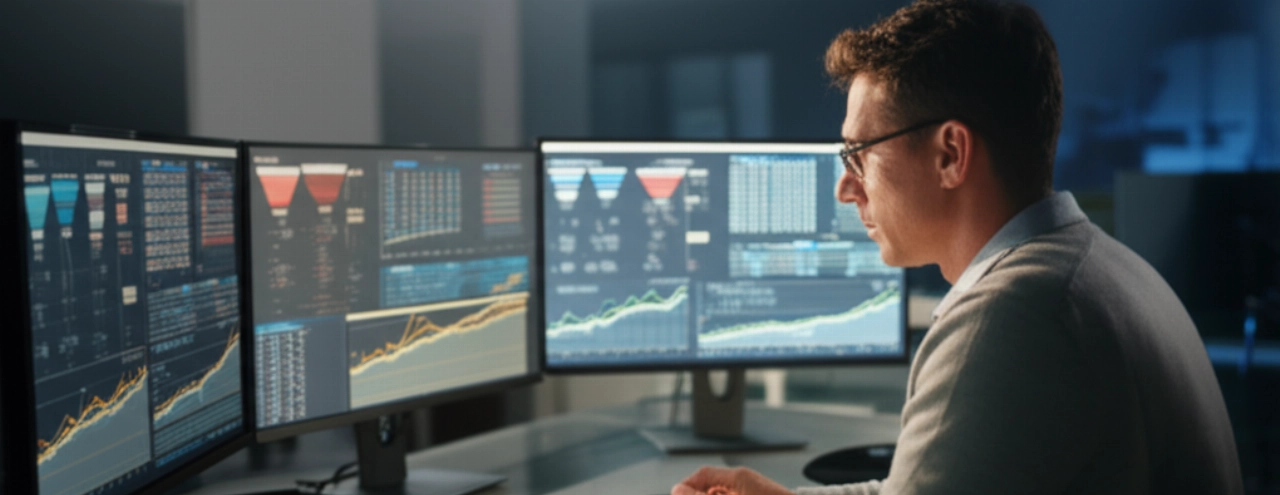 Un consulente e-commerce caucasico profondamente concentrato sull'analisi di dati digitali complessi su più schermi, simboleggiando crescita e intuizioni basate sui dati.