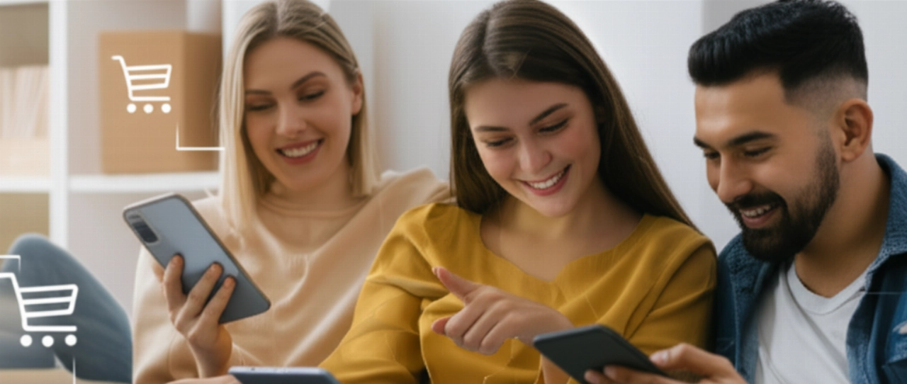 Un gruppo di individui caucasici felici e coinvolti con i loro dispositivi mobili, che simboleggia l'impatto positivo del copywriting e-commerce sulla soddisfazione del cliente e sullo shopping online.