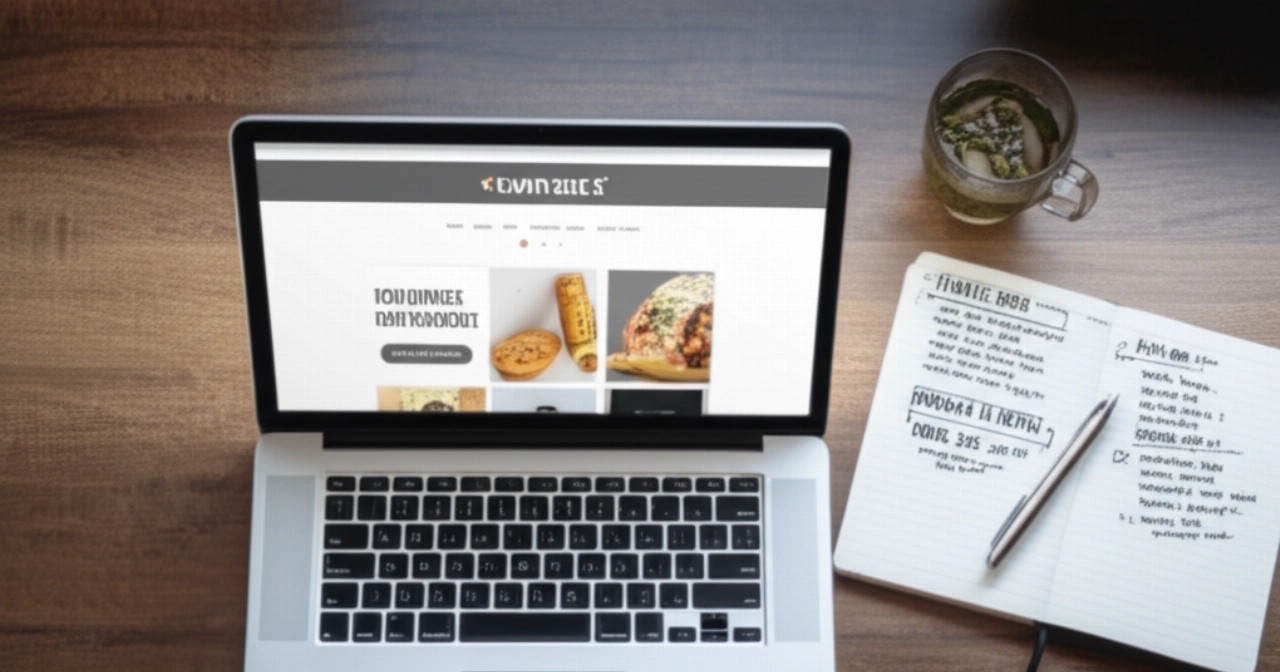 Una composizione flat lay meticolosamente organizzata di una scrivania con un laptop che mostra una pagina di prodotto e-commerce, un taccuino e una penna, che rappresenta la pianificazione strategica per un copywriting efficace.