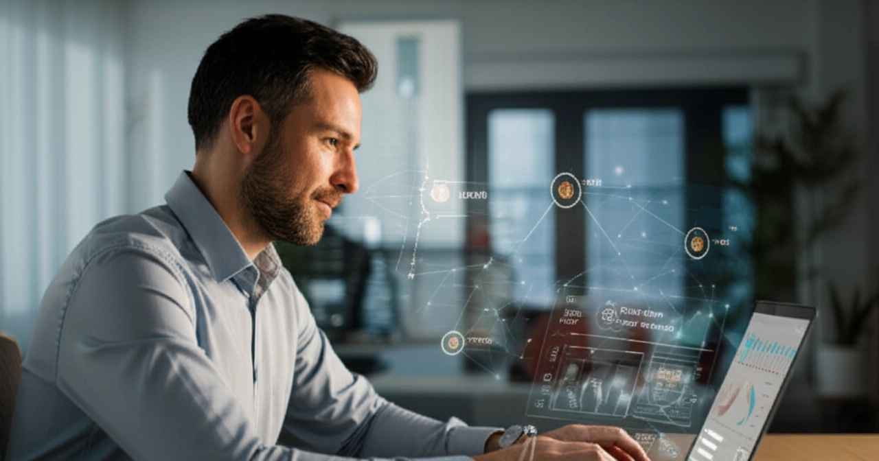 Immagine iperrealistica di un imprenditore caucasico che appare sollevato mentre visualizza informazioni su dazi doganali e conformità su un laptop, con elementi astratti di sicurezza finanziaria sullo sfondo.