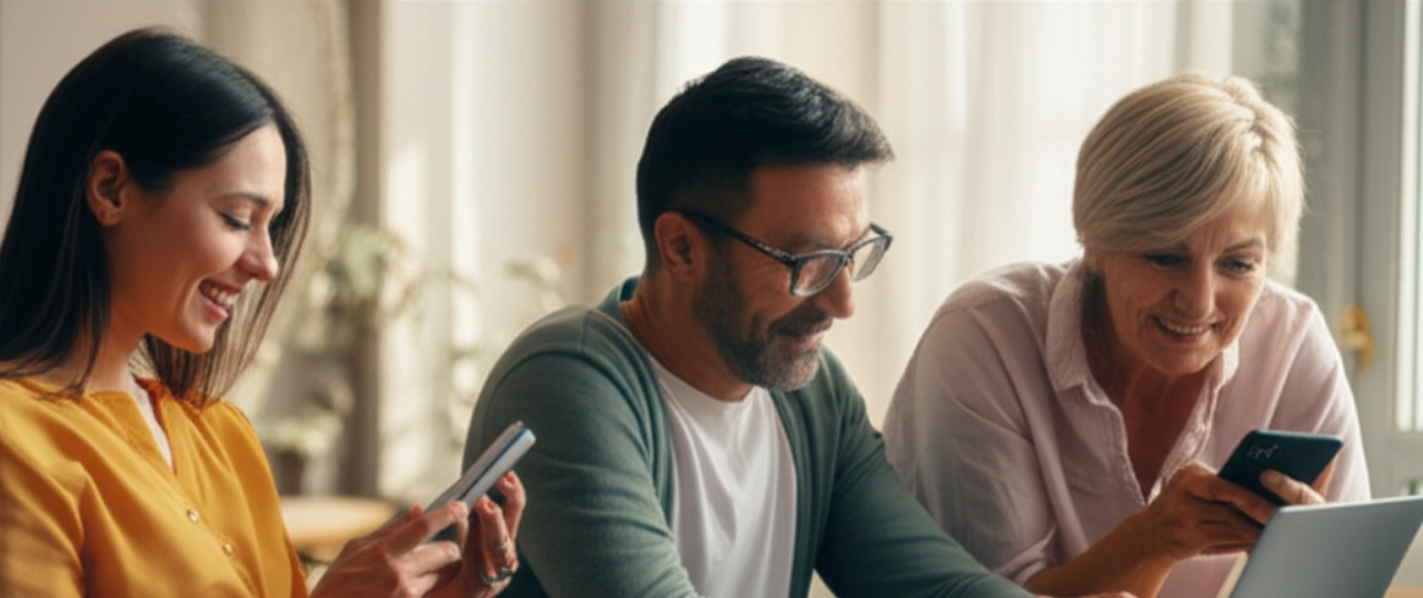 Tre individui caucasici di età diverse interagiscono felicemente con i loro dispositivi (smartphone, tablet, laptop) in un ambiente confortevole, suggerendo un'interazione email positiva.
