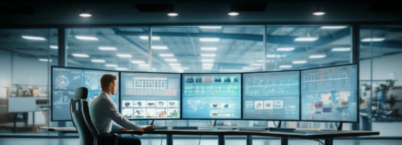 Immagine iperrealistica di un dirigente che visualizza analisi e-commerce, collegando la strategia digitale con le operazioni di produzione.