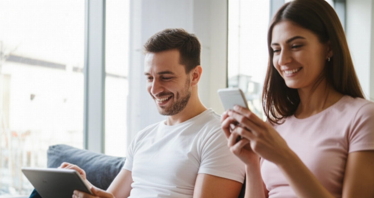 Individui caucasici che utilizzano dispositivi digitali per accedere ai servizi comodamente da casa, evidenziando la convenienza.