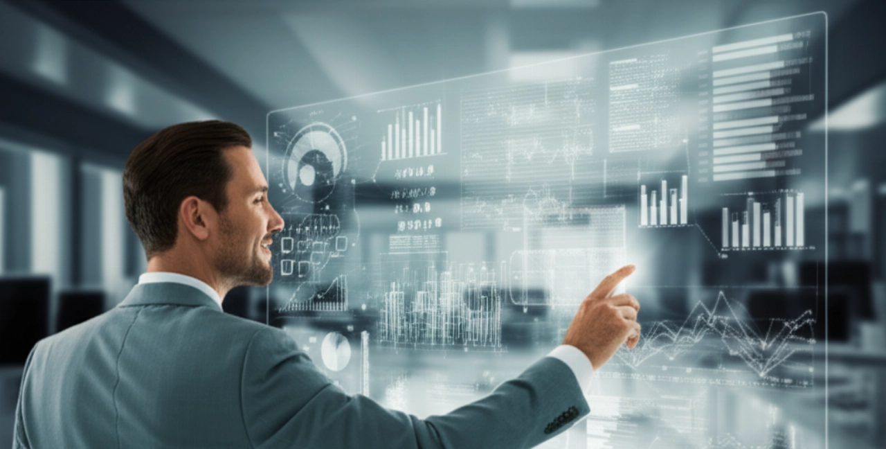 Un professionista caucasico che interagisce con un display olografico che mostra visualizzazioni di dati, simboleggiando soluzioni di servizio strategiche.