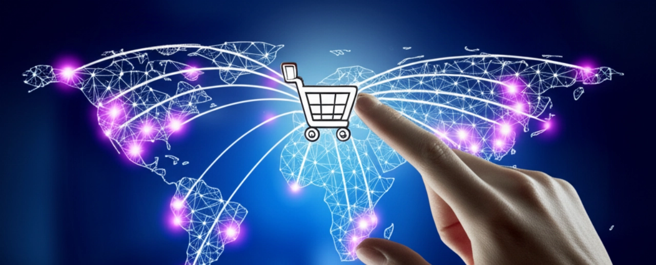Un'immagine concettuale di una mappa globale luminosa con linee che collegano le città a un'icona centrale di e-commerce, che simboleggia la portata globale e il flusso di dati per la geolocalizzazione.