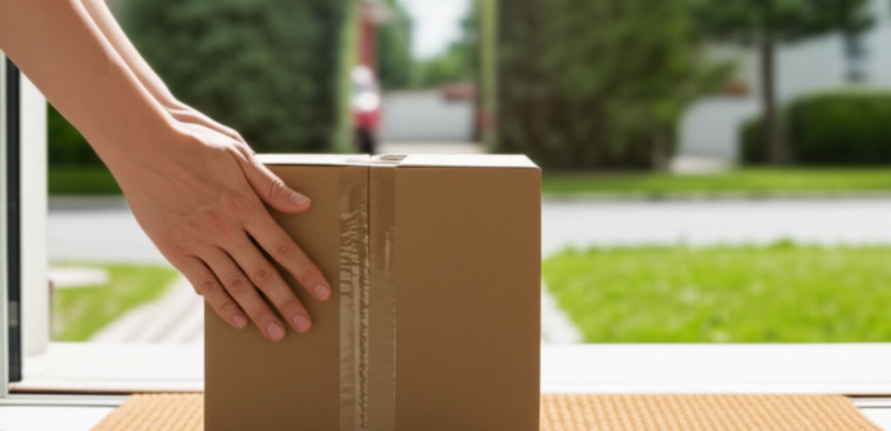 Un primo piano iperrealistico di un pacco di consegna marrone posizionato su uno zerbino da una mano caucasica, che simboleggia una consegna e-commerce efficiente e localizzata.