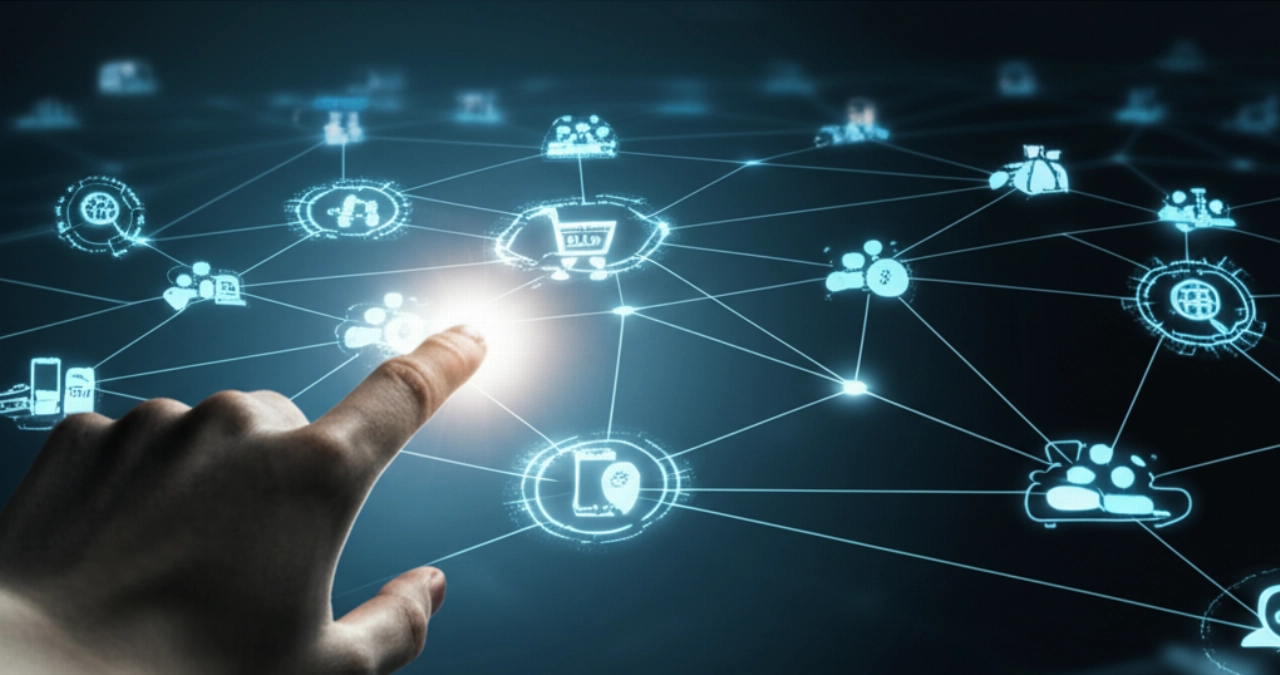 Una mano caucasica interagisce con una rete digitale luminosa e intricata, che simboleggia le connessioni e l'autorità del link building per l'e-commerce.