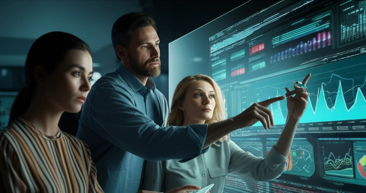 Professionisti caucasici che analizzano in collaborazione i dati di test di carico e-commerce su un grande display trasparente in una moderna sala di controllo.