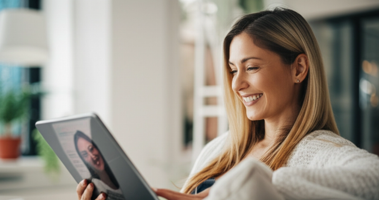 Immagine iperrealistica di una donna caucasica soddisfatta che fa acquisti online su un sito e-commerce localizzato, sottolineando fiducia ed esperienza personalizzata.