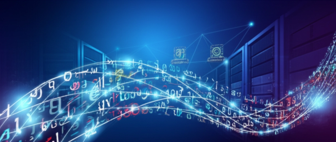 Immagine concettuale iperrealistica di trasformazione dei dati e adattamento linguistico nella localizzazione e-commerce, mostrando flussi digitali e infrastruttura globale.