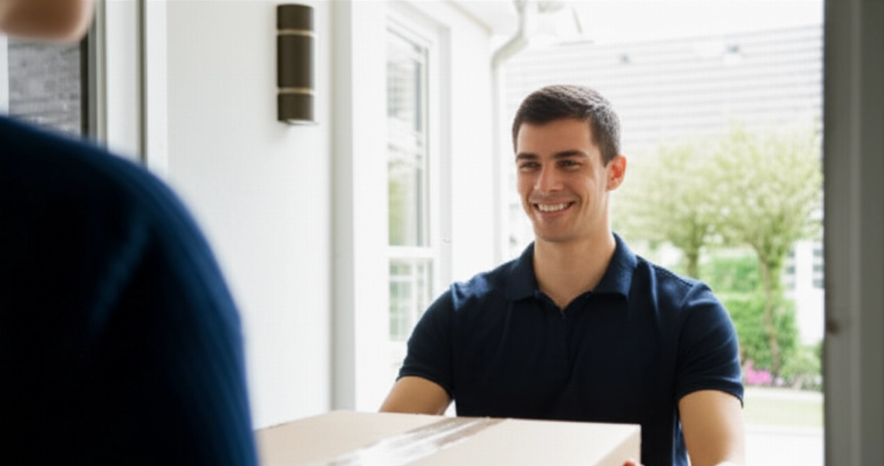 Un'immagine iperrealistica di un corriere caucasico che consegna un pacco a un cliente sulla soglia di casa, rappresentando la consegna dell'ultimo miglio.
