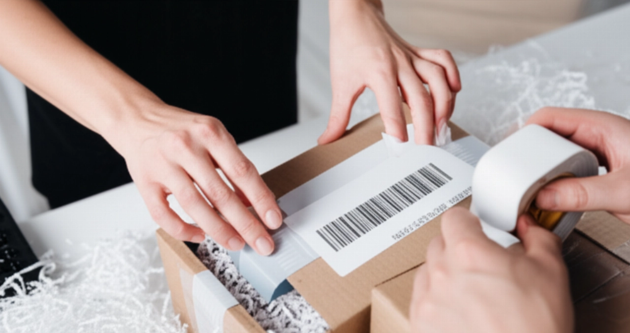 Un primo piano iperrealistico di mani caucasiche che imballano attentamente un prodotto e applicano un'etichetta di spedizione per l'evasione degli ordini e-commerce.