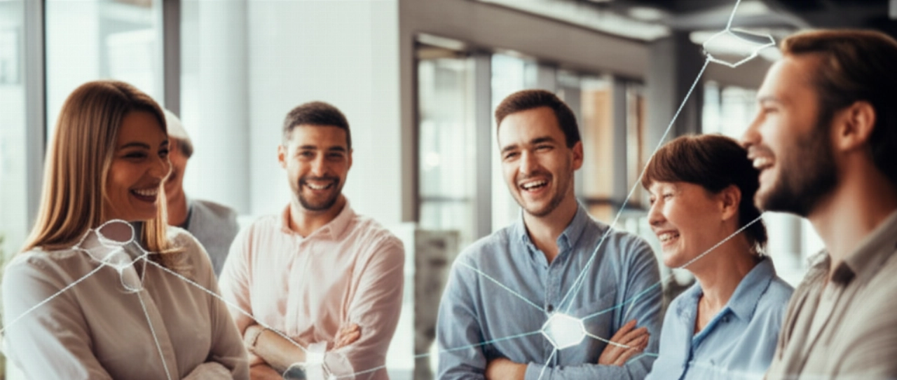 Immagine iperrealistica di diversi individui caucasici che interagiscono felicemente, simboleggiando la comunità e i vantaggi condivisi all'interno di un programma di fedeltà e-commerce.