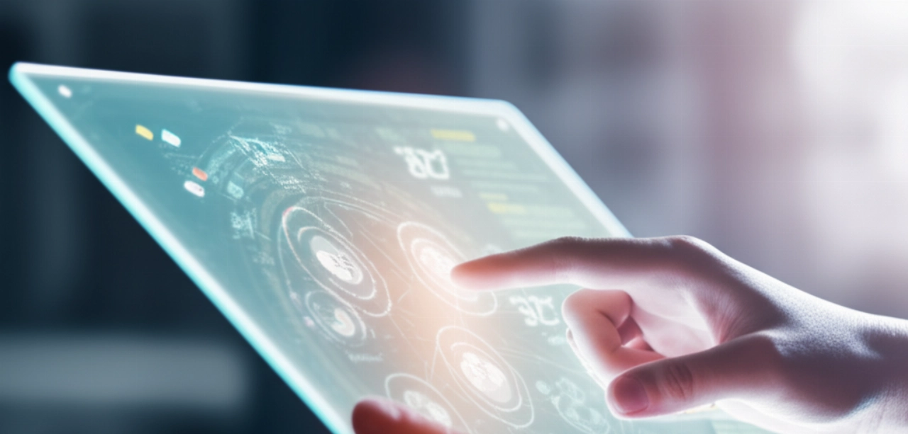 Primo piano iperrealistico di una mano caucasica che interagisce con un touchscreen luminoso che mostra percorsi cliente e-commerce personalizzati.