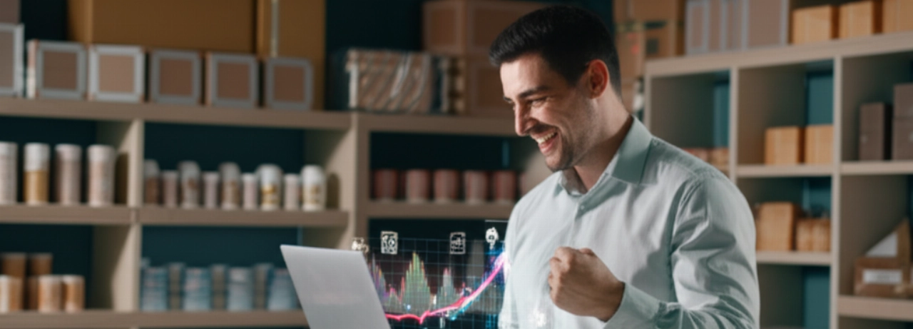 Immagine iperrealistica di un imprenditore e-commerce caucasico trionfante che visualizza un grafico di crescita delle vendite su un laptop in un moderno centro di evasione ordini.