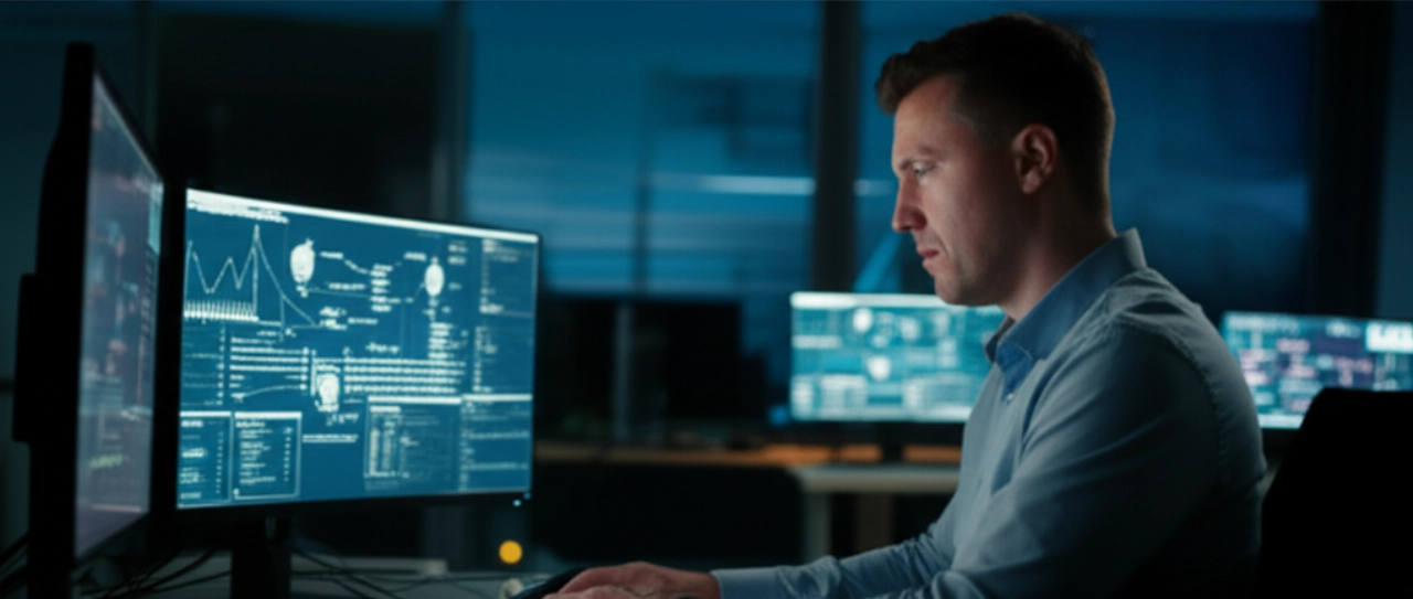 Immagine iperrealistica di un ingegnere software caucasico intensamente concentrato sullo sviluppo del backend di un'area membri e-commerce, circondato da schermi che mostrano codice complesso e visualizzazioni di dati in un laboratorio high-tech.