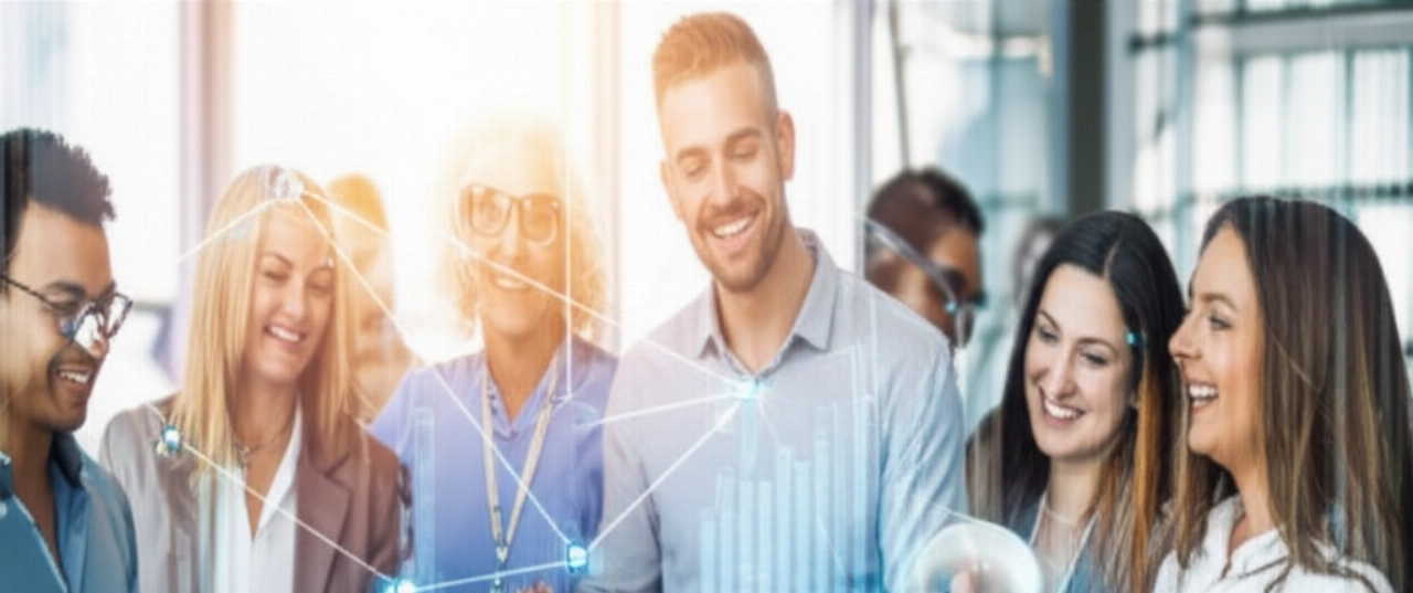 Immagine iperrealistica che raffigura una vibrante comunità di area membri e-commerce con un gruppo diversificato di individui caucasici collegati da linee digitali luminose, simboleggiando interazione, conoscenza condivisa e crescita in uno spazio digita