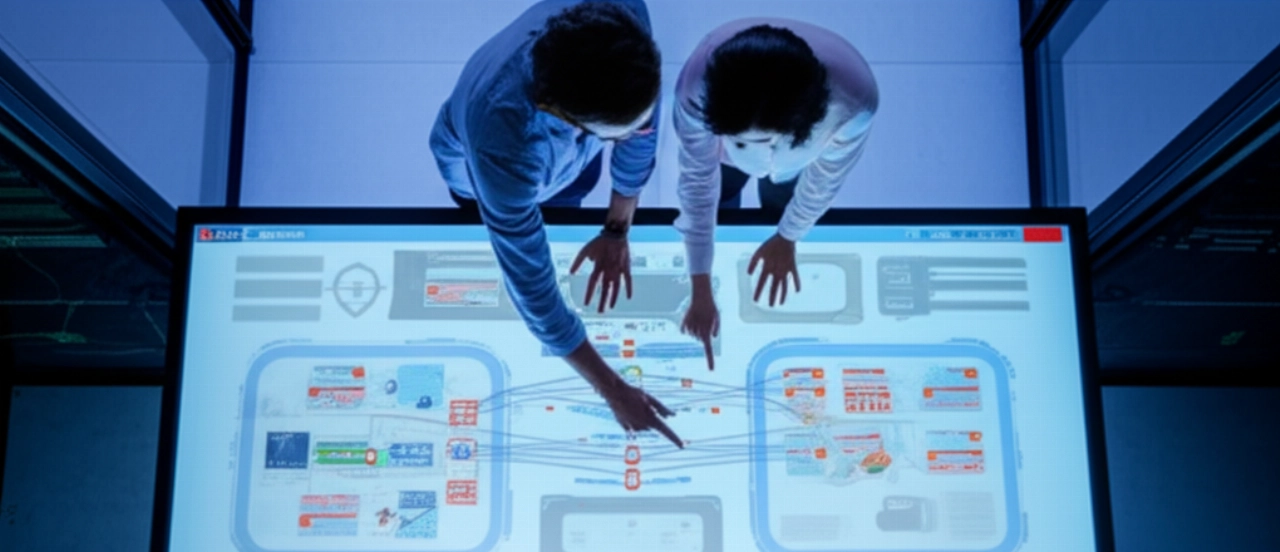 Professionisti IT che supervisionano una migrazione dati e-commerce fluida su un grande touchscreen.