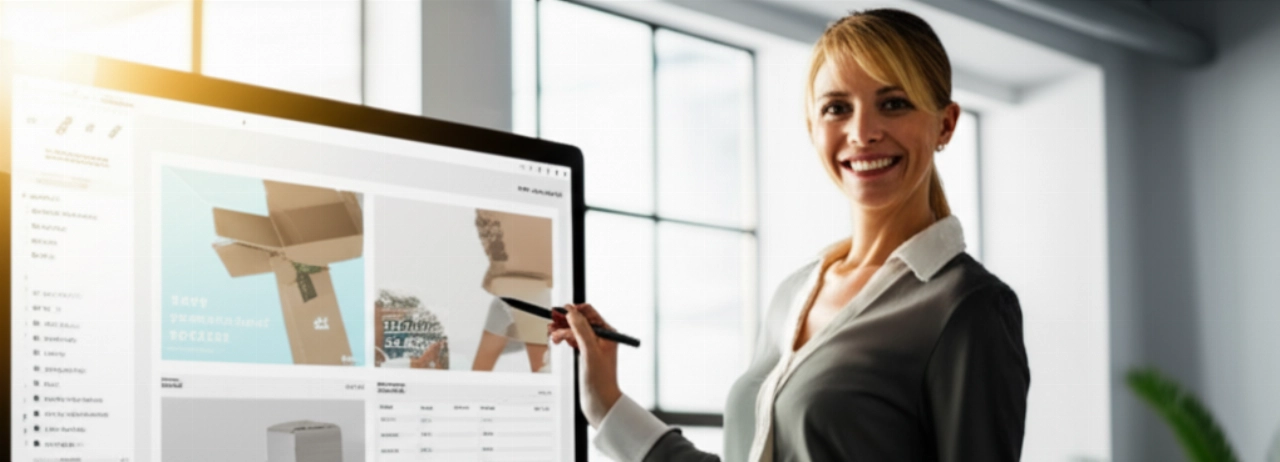 Imprenditrice di successo sorridente, con un sito e-commerce ottimizzato visibile su uno schermo.