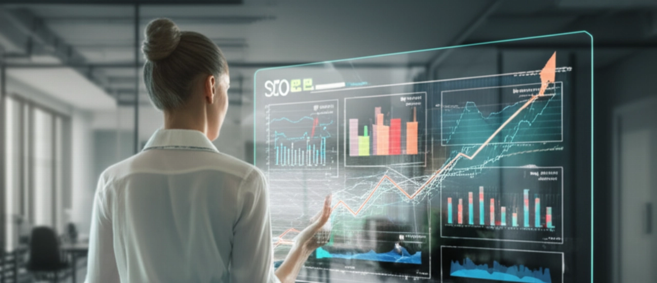 Immagine iperrealistica di una dirigente caucasica che osserva con fiducia un display olografico che mostra grafici SEO in crescita e la crescita dell'e-commerce, simboleggiando un'ottimizzazione di successo.