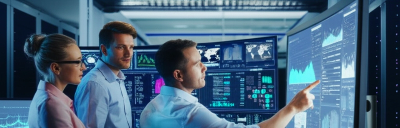 Immagine iperrealistica di un team eterogeneo di professionisti tecnologici caucasici che collaborano in un moderno data center, analizzando la migrazione dei dati e l'analisi SEO su più schermi.