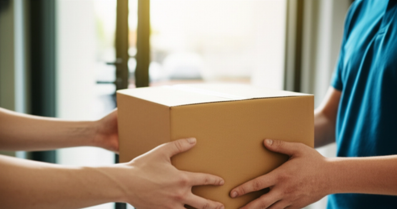 Scatto iperrealistico delle mani di un cliente che riceve un pacco e-commerce di alta qualità su una porta moderna.