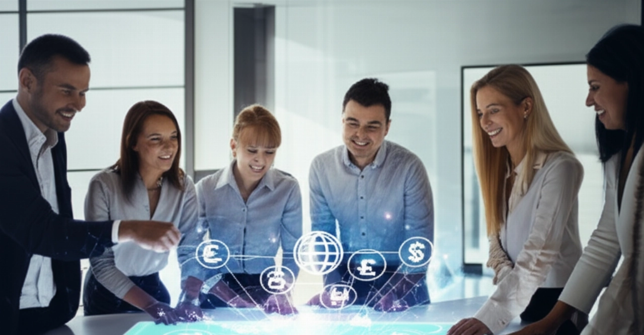 Professionisti che interagiscono con un display olografico che mostra valute globali, simboleggiando pagamenti internazionali senza soluzione di continuità.