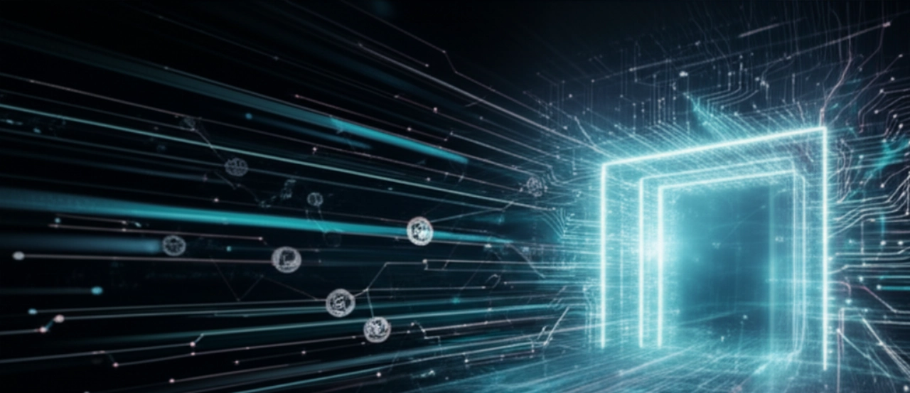 Visualizzazione astratta di dati che fluiscono rapidamente attraverso una rete digitale sicura, che rappresenta gateway di pagamento efficienti.