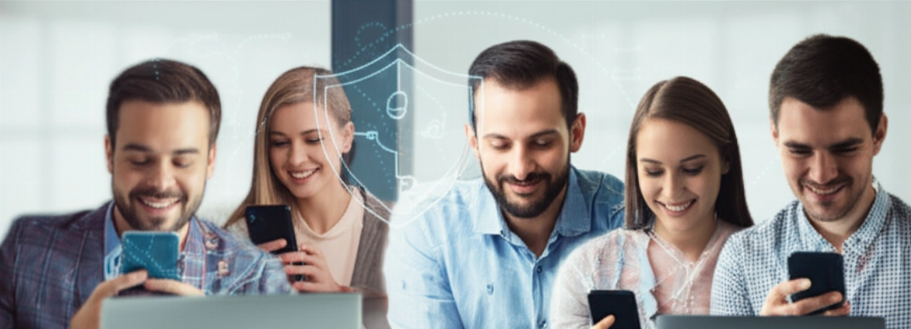 Diversi individui caucasici effettuano acquisti online sicuri con fiducia su laptop e smartphone.