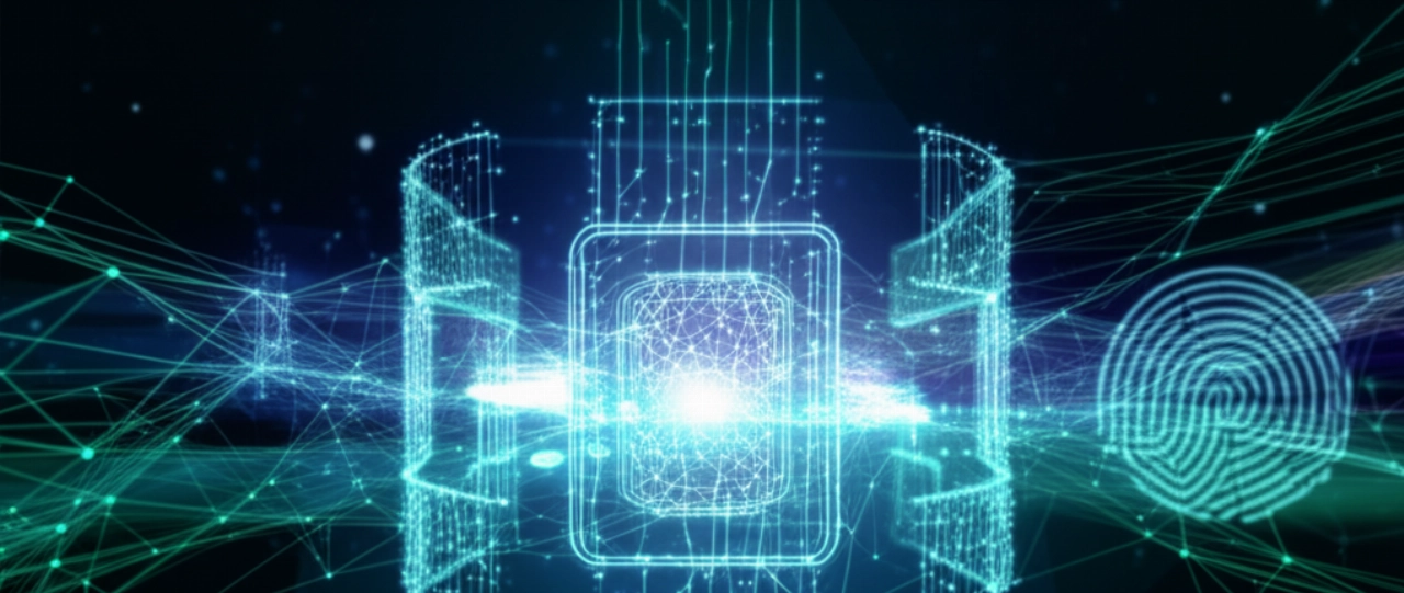 Visualizzazione astratta di dati sicuri e crittografati che fluiscono attraverso una rete digitale, simboleggiando la sicurezza informatica.