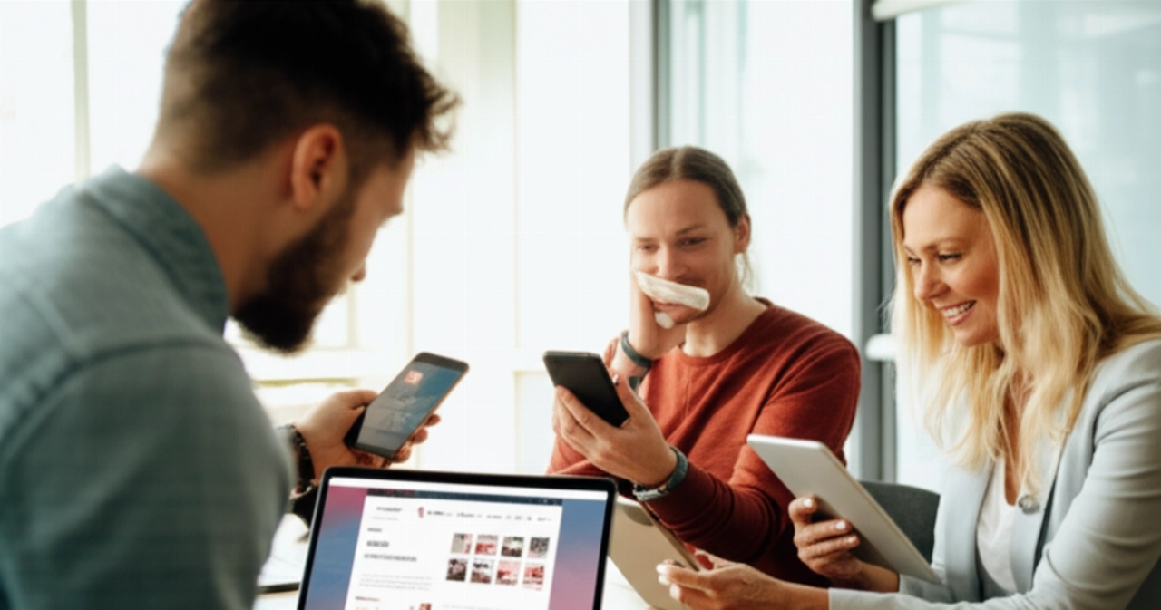 Tre individui caucasici in un moderno spazio di co-working, che interagiscono felicemente con un sito e-commerce veloce e senza interruzioni su vari dispositivi, illustrando un'esperienza utente ottimizzata.