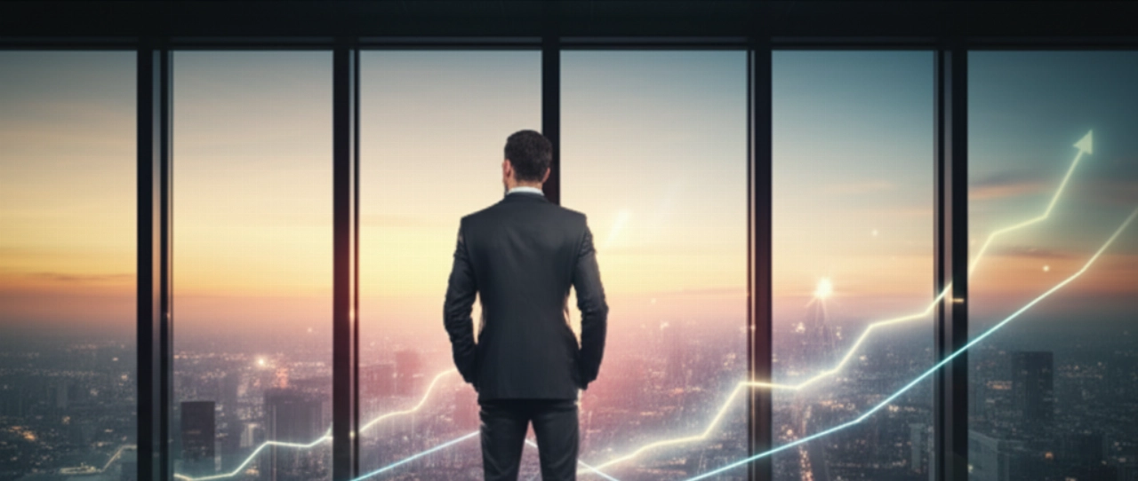 Un leader aziendale caucasico fiducioso che osserva una città al tramonto, con sottili grafici di crescita digitali sovrapposti, che simboleggiano l'espansione di successo dell'e-commerce e le prestazioni ottimizzate.