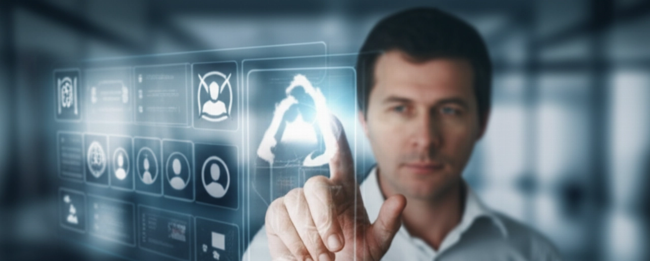 Un uomo caucasico interagisce con un display olografico che mostra raccomandazioni di prodotti personalizzate, con flussi di dati astratti sullo sfondo.