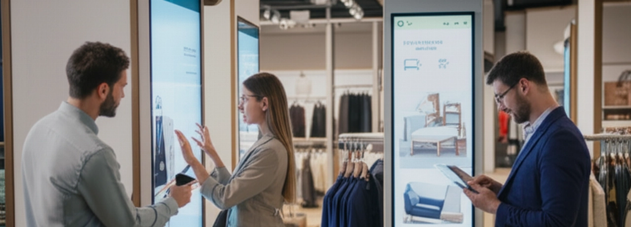 Tre individui caucasici vivono un'esperienza di shopping personalizzata in un moderno concept store, interagendo con specchi intelligenti e display AR.