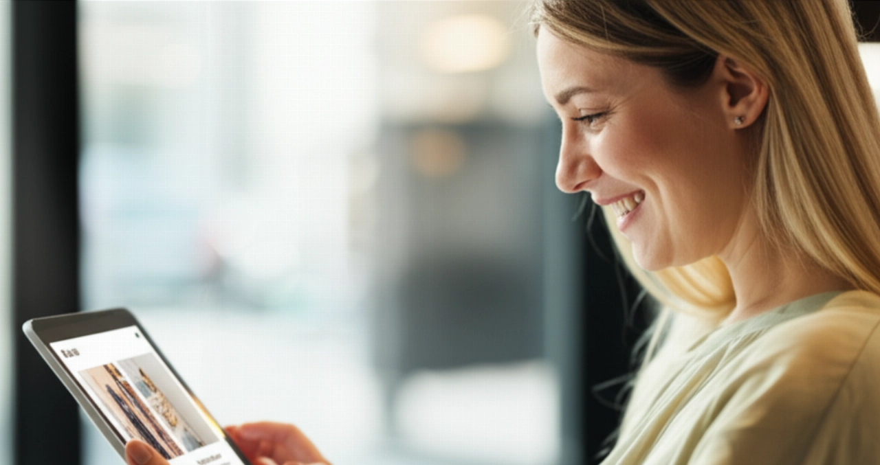 Una donna caucasica sorridente naviga su una PWA e-commerce veloce e fluida su un tablet in un caffè moderno e luminoso, mostrando un'esperienza utente piacevole.