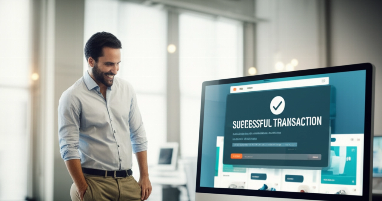 Un imprenditore caucasico fiducioso sorride mentre visualizza un sito web e-commerce moderno ed elegante su un grande schermo, simboleggiando il successo della riprogettazione e la crescita.